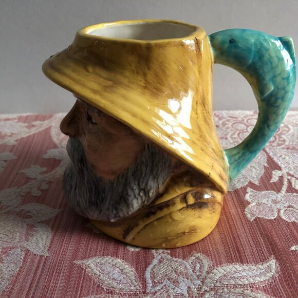 vintage ceramic mug man face head hat fish handle signed 4.5" tall - Picture 2 of 6
